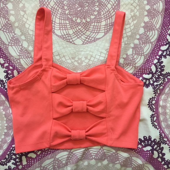 Coral Crop Tank Top with Bow Detail - Picture 2 of 3